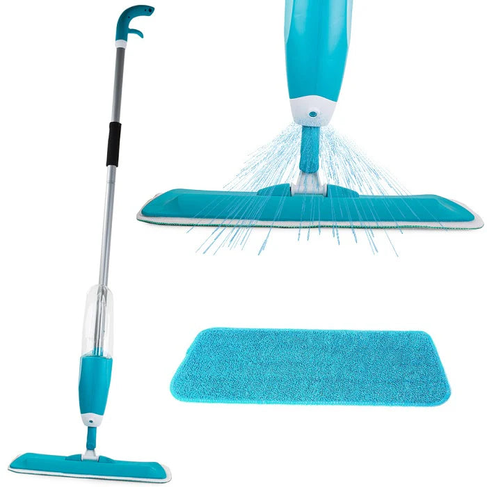 Mop plat cu pulverizator si recipient solutie de 1L, Albastru