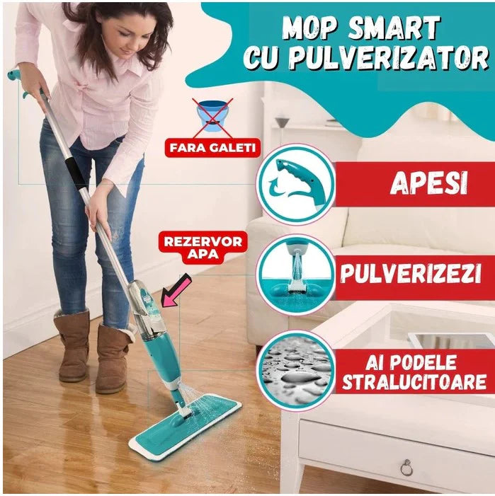 Mop plat cu pulverizator si recipient solutie de 1L, Albastru
