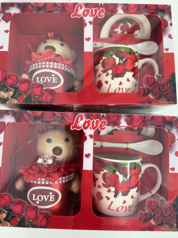 Cutie Cadou Cana 9cm cu Lingurita si Farfurie, Love 28,5x17 Ursulet