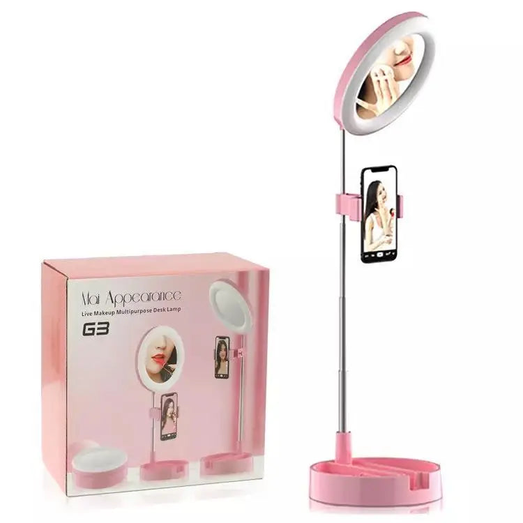 Lampa circulara de machiaj, cu oglinda si suport telefon/accesorii, 64 Led-uri