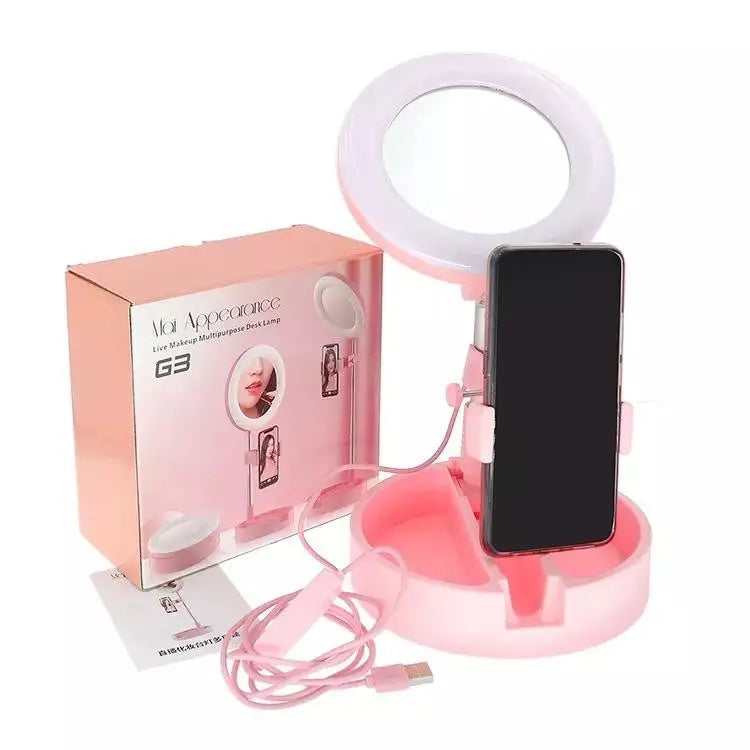 Lampa circulara de machiaj, cu oglinda si suport telefon/accesorii, 64 Led-uri