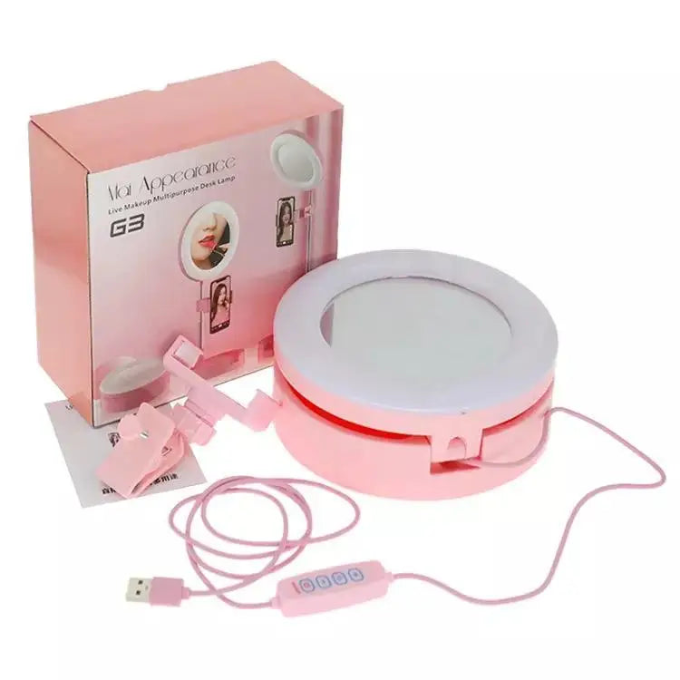 Lampa circulara de machiaj, cu oglinda si suport telefon/accesorii, 64 Led-uri