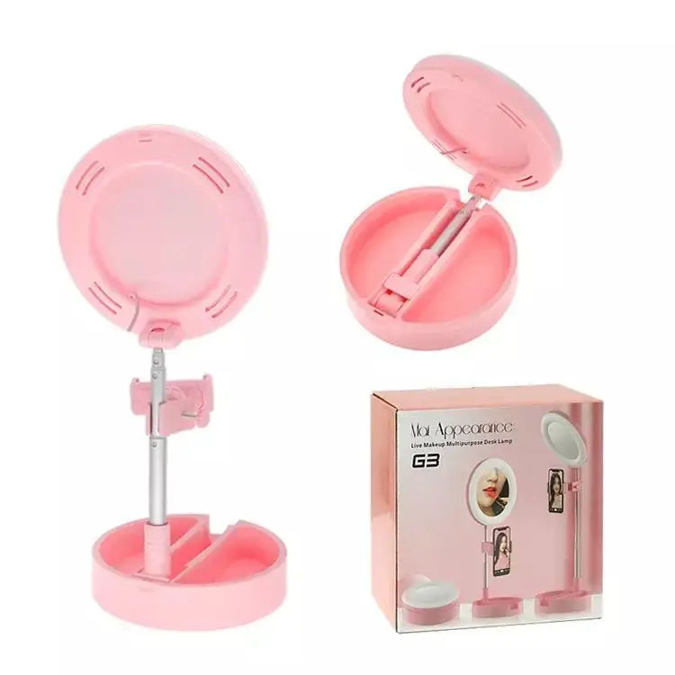 Lampa circulara de machiaj, cu oglinda si suport telefon/accesorii, 64 Led-uri