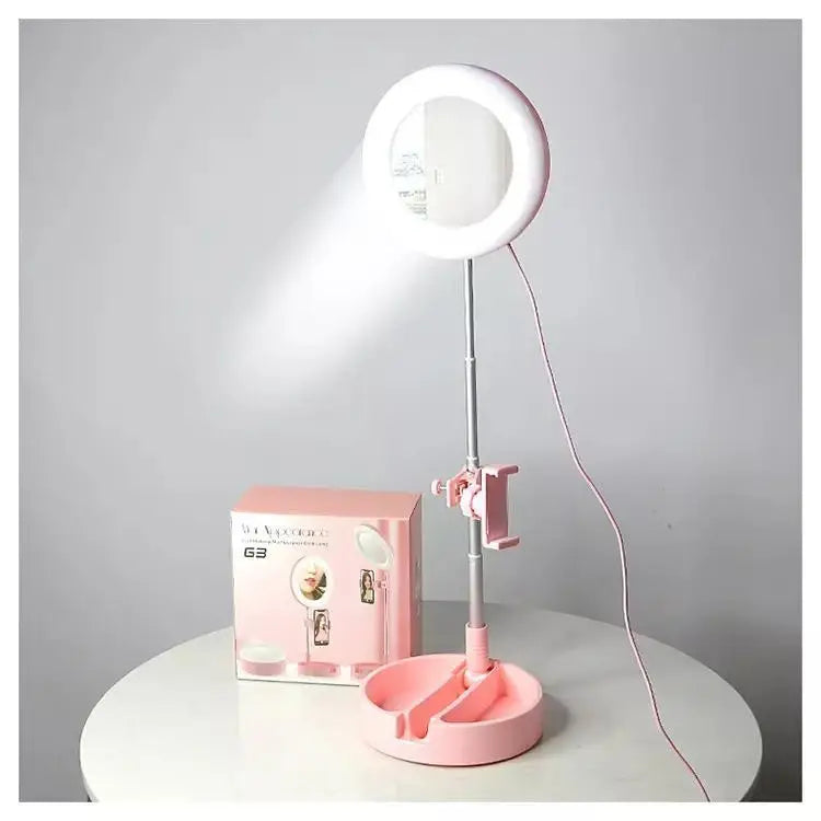 Lampa circulara de machiaj, cu oglinda si suport telefon/accesorii, 64 Led-uri